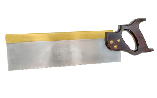 A high quality 14" tenon saw with a rip tooth pattern made by Lynx Saws. The handle is made of lacquered & stained Beech & has a nice feel in the hand. Solid brass backing & screws. Made in Sheffield, England. Lynx Saws - E. Garlick & Son - Thomas Flinn & Co.