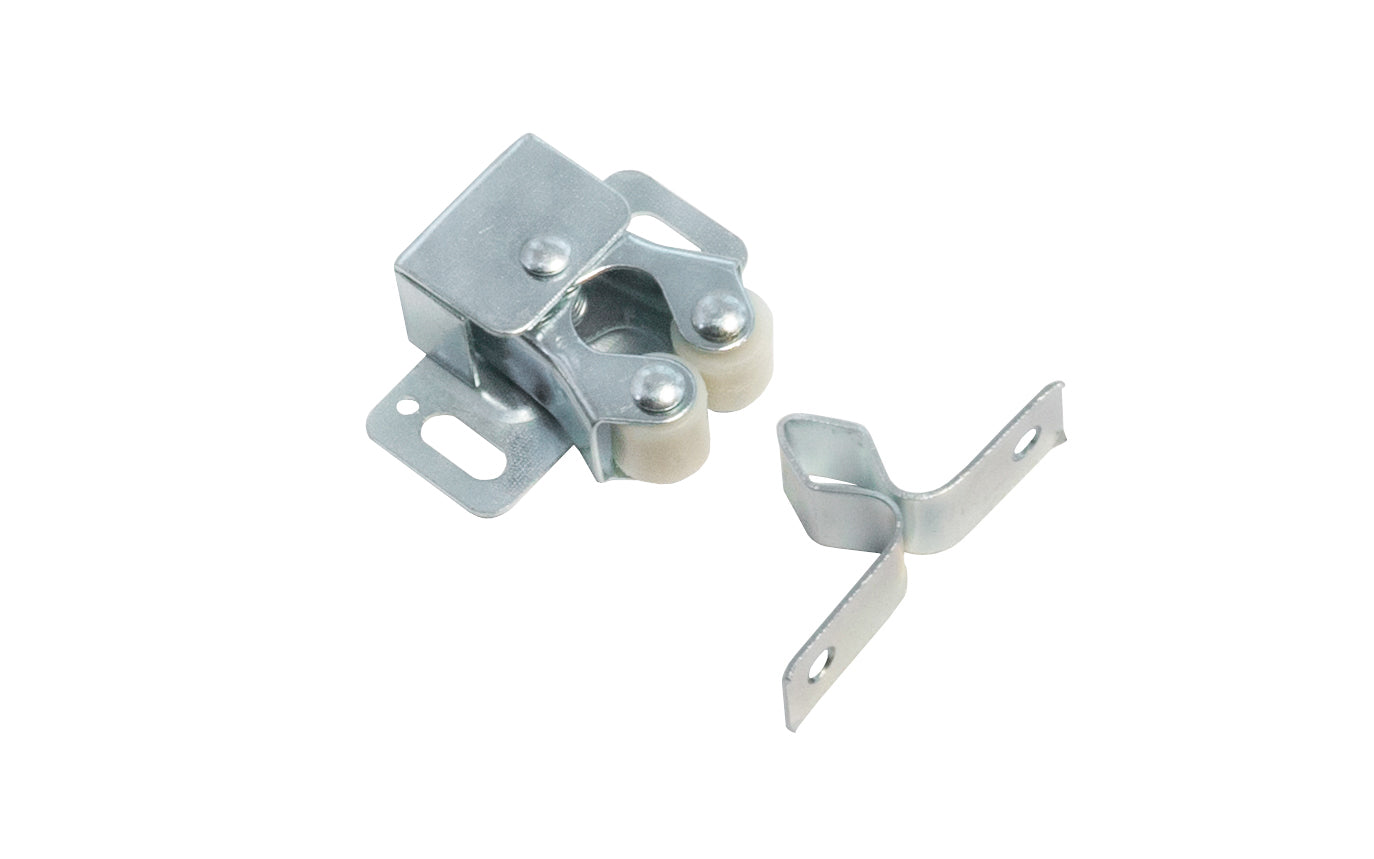 Zinc Finish Double Roller Catch & Spear with self-aligning arms that work independently assuring easy action. Nylon rollers absorb shock & minimizing noise. Steel material with zinc finish. Includes 4 Phillips wood screws. Laurey Hardware Model No. 04301. 722233043011. Chrome Finish. Double Rollers. Cabinet door catch