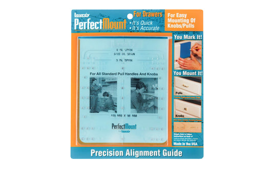 The Drawer Alignment Guide Template made by Laurey. Alignment guide for easy mounting of all standard knobs & pulls. Will mark  3",  3-1/2",  4" screw spacing for handles. Laurey Model 98101. For marking 3",  3-1/2",  4" on centers. 722233981016. Made in USA.
