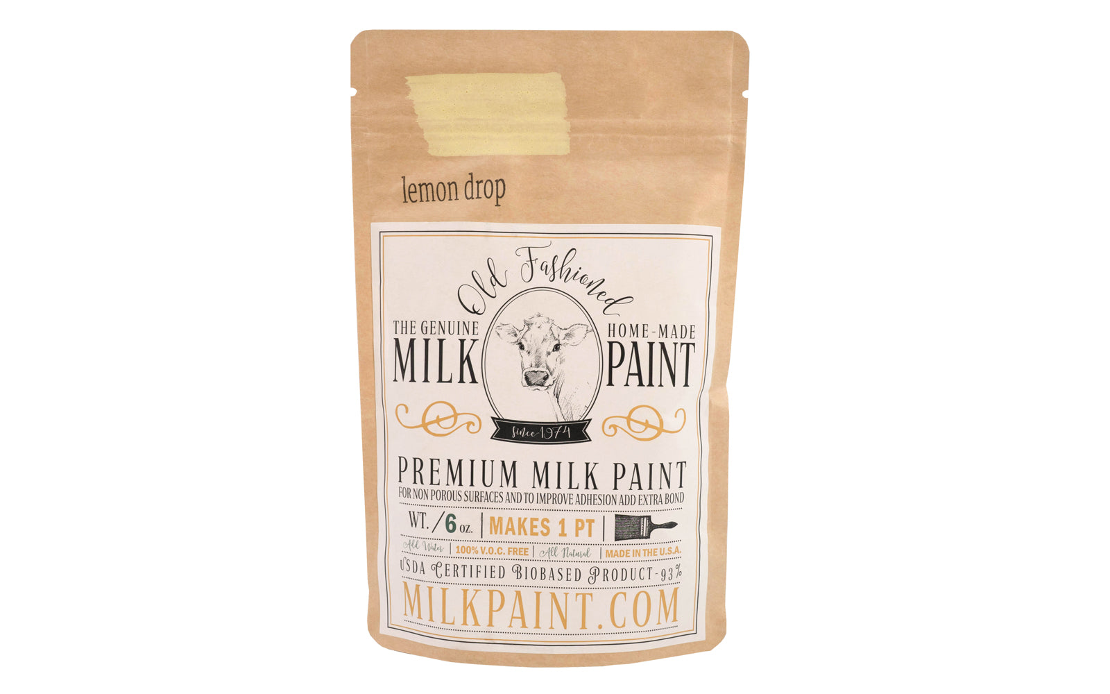 This Milk Paint color is "Lemon Drop" color - It is a bright non-fluorescent yellow color. Comes in a powder form, you can control how thick/thin you mix the paint. Use it as you would regular paint, thinner for a wash/stain or thicker to create texture. Environmentally safe, non-toxic & is food safe. 100% VOC free. Powder Paint. Made in USA