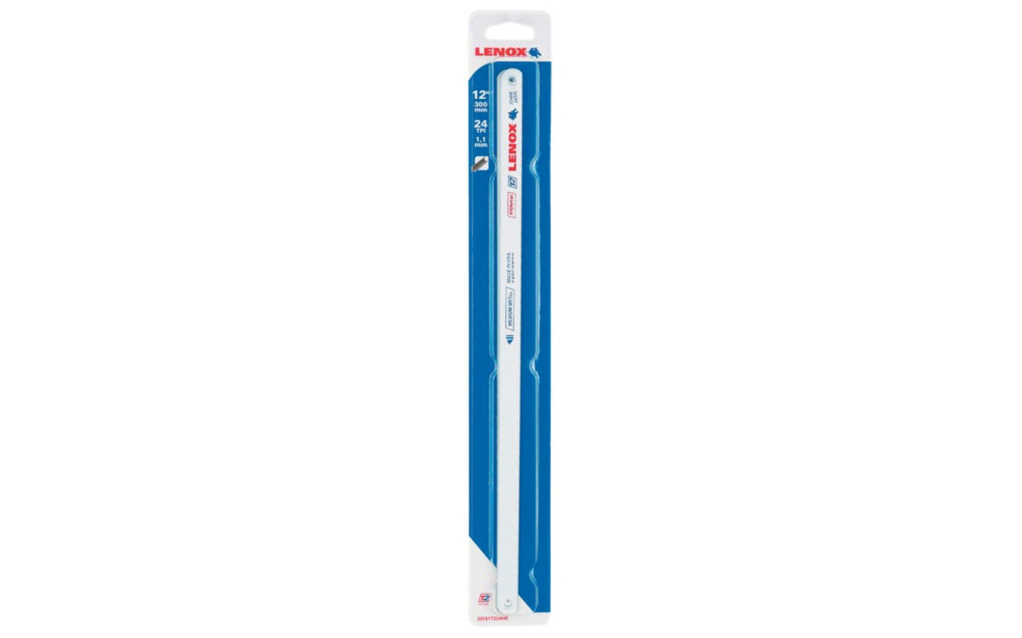 Lenox 12" x 24 TPI Bi-Metal Hacksaw Blade. Hardened high-speed steel cutting edge is electron beam welded to spring tempered alloy steel back. Safe & shatterproof. Use for cutting pipe, conduit, bar & rod, aluminum, copper & steel. 12" L. x 1/2" W. x .025" thick. 20155S224HE. 082472201550