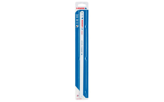 Lenox 12" x 24 TPI Bi-Metal Hacksaw Blade. Hardened high-speed steel cutting edge is electron beam welded to spring tempered alloy steel back. Safe & shatterproof. Use for cutting pipe, conduit, bar & rod, aluminum, copper & steel. 12" L. x 1/2" W. x .025" thick. 20155S224HE. 082472201550