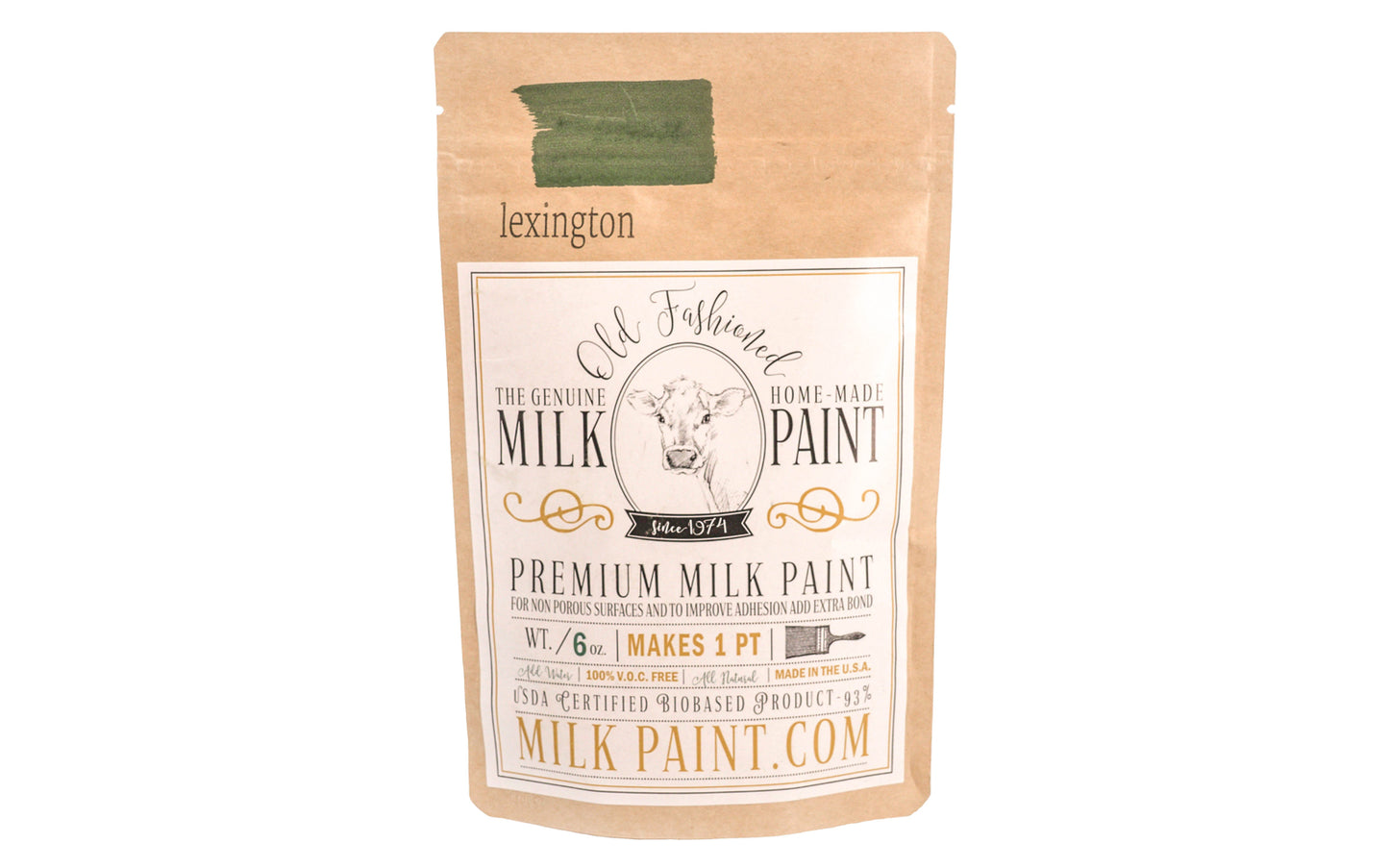 This Milk Paint color is "Lexington" - Dark forest green. Comes in a powder form, you can control how thick/thin you mix the paint. Use it as you would regular paint, thinner for a wash/stain or thicker to create texture. Environmentally safe, non-toxic & is food safe. 100% VOC free. Powder Paint. Made in USA