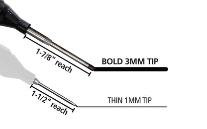 FastCap Thin Long Nose Marker solves all your tricky layout problems. It has a 1-1/2" long reach & fine point tip for marking inside holes & along walls while the other end has a wide tip for general use. Permanent & waterproof, it will be your go-to marker for any job