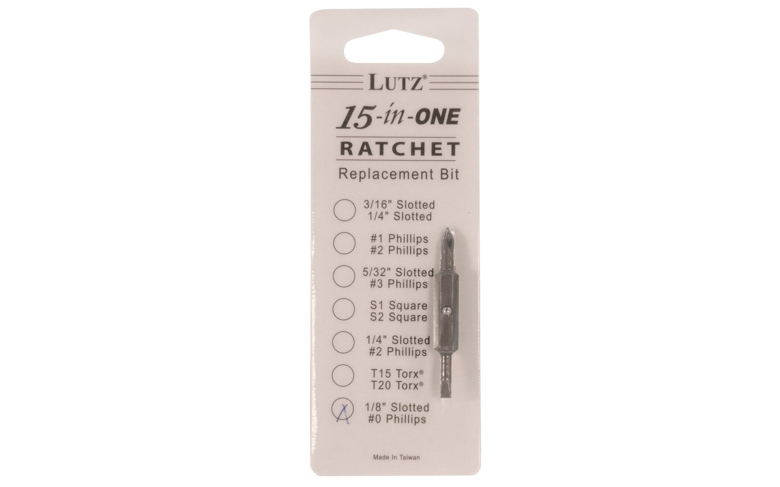 Lutz 1/8" Slot & #0 Phillips Double Bit designed for the Lutz 15-in-1 Ratchet Screwdriver  See here. Made of chrome vanadium 6150 steel alloy, which is heat treated to a Rockwell of 58 to 60. 2" long bit. Model No. 21101. 052427211019