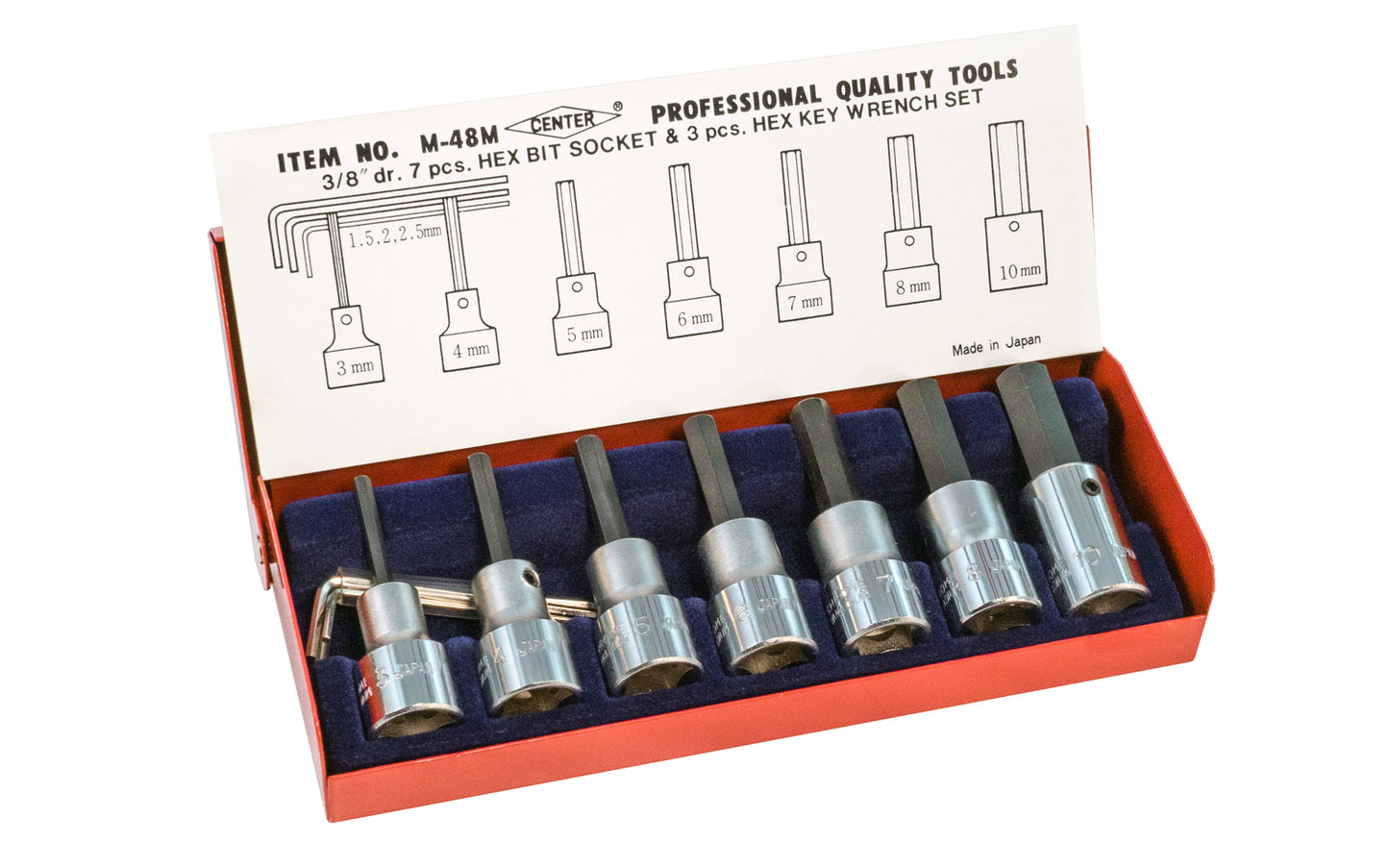 Japanese Metric Hex Bit Socket Set - 3/8" Drive ~ 7 PC Set. Includes metric hex bit sizes:   3 mm, 4 mm, 5 mm, 6 mm, 7 mm, 8 mm, 10 mm. Red metal box for storage. Chrome Vanadium Steel. Includes 3 hex keys:  1.5 mm,  2 mm,  2.5 mm. Seven Piece Hex Allen Bit Socket Set. Metric Sizing.  Made in Japan.