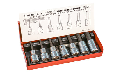 Japanese SAE Hex Bit Socket Set - 3/8" Drive ~ 7 PC Set. Includes SAE hex bit sizes:   1/8",  5/32",  3/16",  7/32",  1/4",  5/16",  3/8". Red metal box for storage. Chrome Vanadium Steel. Standard SAE sizes. Seven Piece Hex Allen Bit Socket Set. Standard Sizing.  Made in Japan.