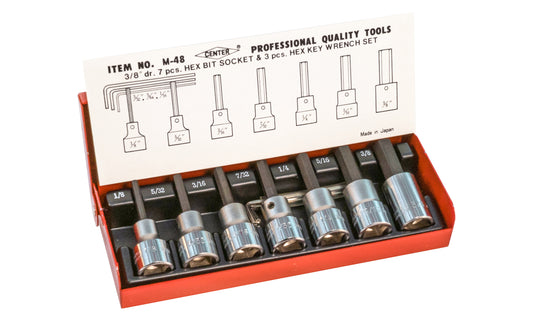 Japanese SAE Hex Bit Socket Set - 3/8" Drive ~ 7 PC Set. Includes SAE hex bit sizes:   1/8",  5/32",  3/16",  7/32",  1/4",  5/16",  3/8". Red metal box for storage. Chrome Vanadium Steel. Standard SAE sizes. Seven Piece Hex Allen Bit Socket Set. Standard Sizing.  Made in Japan.