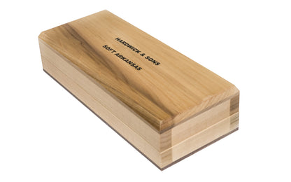 Made in USA · 6" Long  x  2" Wide  x  1" Thick ~ Model MAB-6-C ~ Soft Arkansas Stone ~ Extra-fine stone. Coarsest grained of the natural Arkansas stones & good for starting an edge on your tools & knives; commonly used after synthetic or oil stone. ~ Use mineral oil when sharpening - Bench Stone - With Wooden Box
