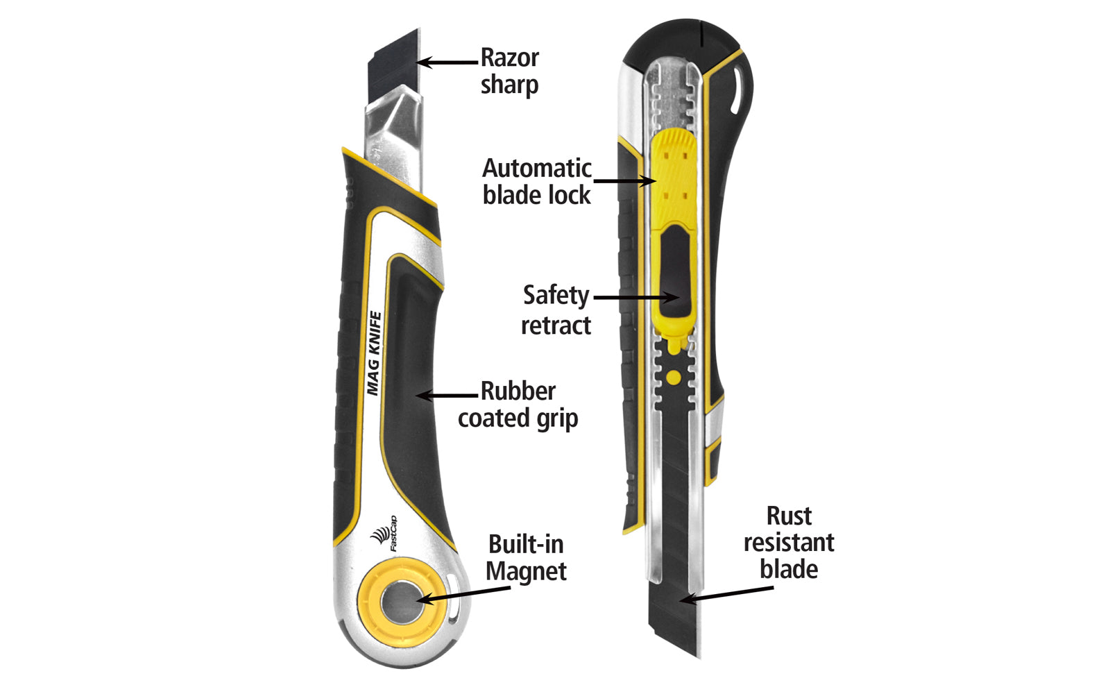 The MAG Knife has an auto safety-retract blade, significantly reducing the possibility of being injured from an open blade. Retractable self-locking blade & powerful built-in magnet making it attach to any metal surface. Durable metal frame & a rubberized casing that feels great in your hand. 663807030535