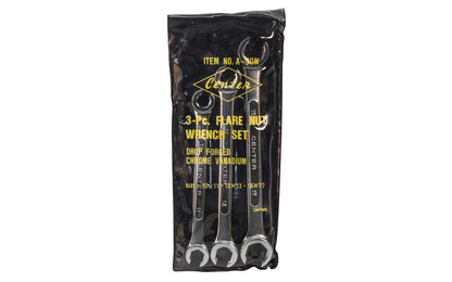 Made in Japan. 3-piece METRIC flare nut wrench set offers a size range from 11mm to 17mm. Designed to grip all six sides of a nut. Great for use on hex nuts made of softer materials. Great for brake line nuts & fittings. Wrench sizes include: 10mm x 11mm, 12mm x 13mm, 15mm x 17mm. Metric Flare Nut Wrench Set