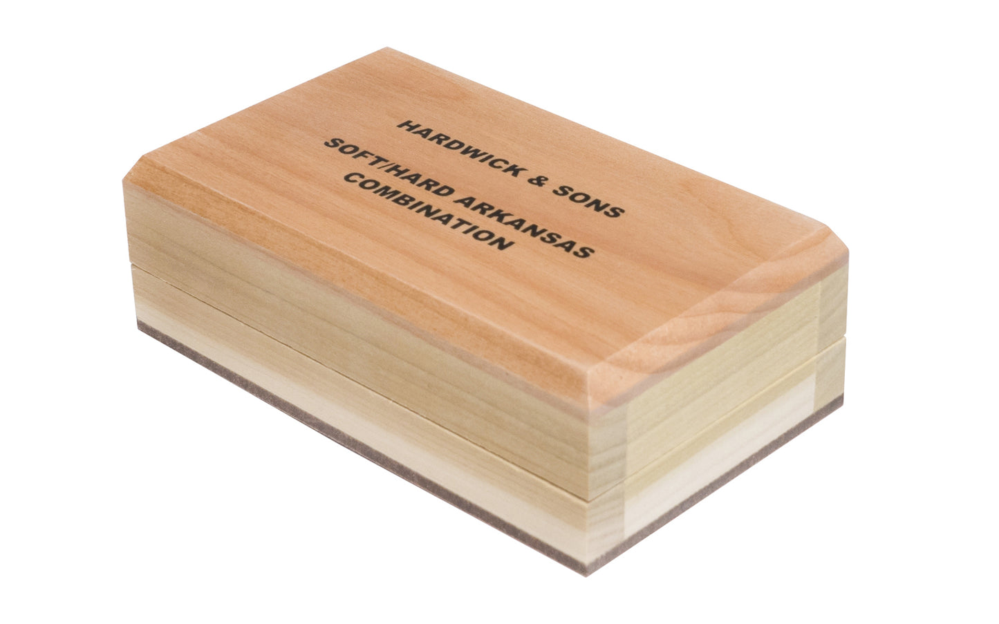 Made in USA · 4" Long  x  2" Wide  x  1" Thick ~ Model MFC-4 ~ Hard & Soft Arkansas Stone laminated together - Soft Arkansas: Extra-fine stone good for starting an edge on tools - Hard Arkansas: Super-fine stone that is satisfactory for the final edge ~ Use mineral oil when sharpening - Bench Stone - Wooden Box