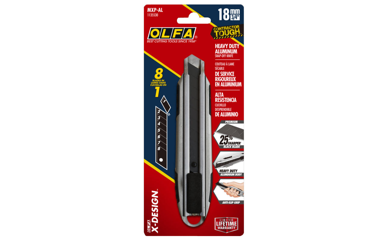 Olfa "MXP-AL" Utility Knife Die-Cast Aluminum Handle - 18 mm Blade. Heavy gauge stainless-steel blade channel. Autolock blade lock. Includes Olfa's ultra-sharp black blade - Premium carbon tool steel black LBB blade. 18 mm (3/4") wide blade - Heavy Duty snap-off knife. 091511220636. Contractor Grade. Made in Japan