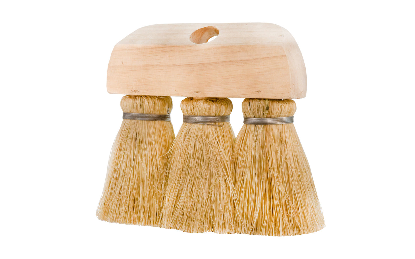 A Three Knot Roofer's Brush with Tampico Fiber. Knots are securely attached in a hardwood block with one tapered handle hole. Handle not included. 3 Knot brush with wood block. Tar brush with tampico bristles.  Made in USA. 035162001916