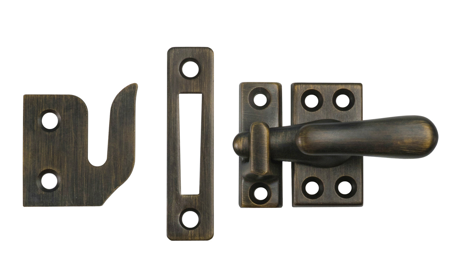 Classic & Traditional Solid Brass Casement Window Latch ~ Regular Size. 1-9/16" high x 7/8" wide latch turn base. Locks & tightens window frames or small doors. Reversible for right or left applications. Vintage-style casement window lock. Dark Antique Brass Finish.