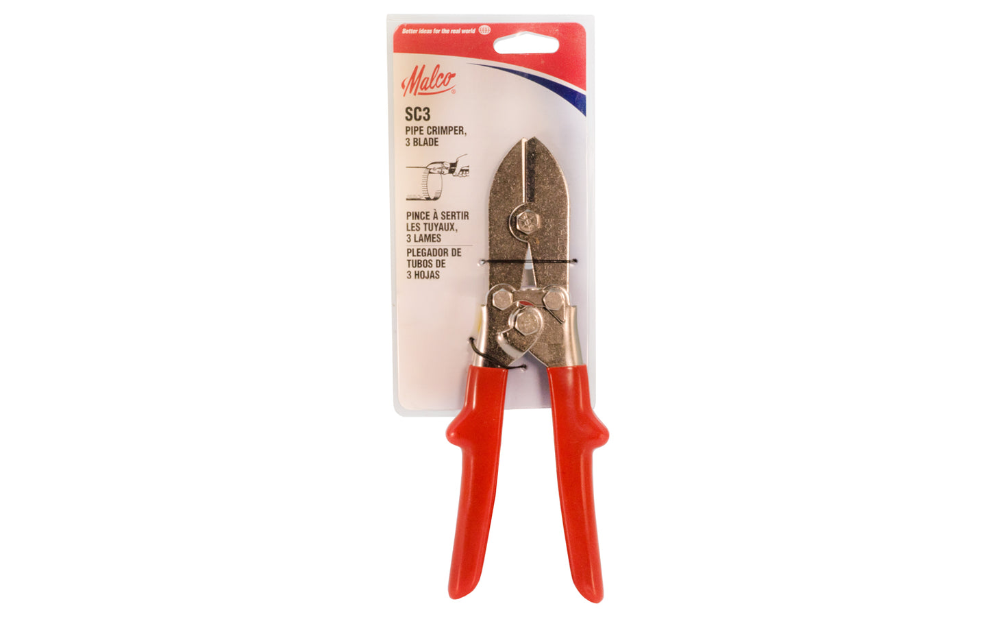 Malco Pipe Crimper, 3-Blade - Model SC3. Crimps sheet metal to create a male fitting in heavier round air duct & stove pipe.  Made in USA. 686046506258