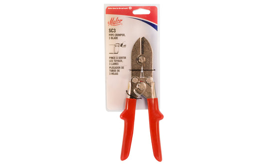 Malco Pipe Crimper, 3-Blade - Model SC3. Crimps sheet metal to create a male fitting in heavier round air duct & stove pipe.  Made in USA. 686046506258