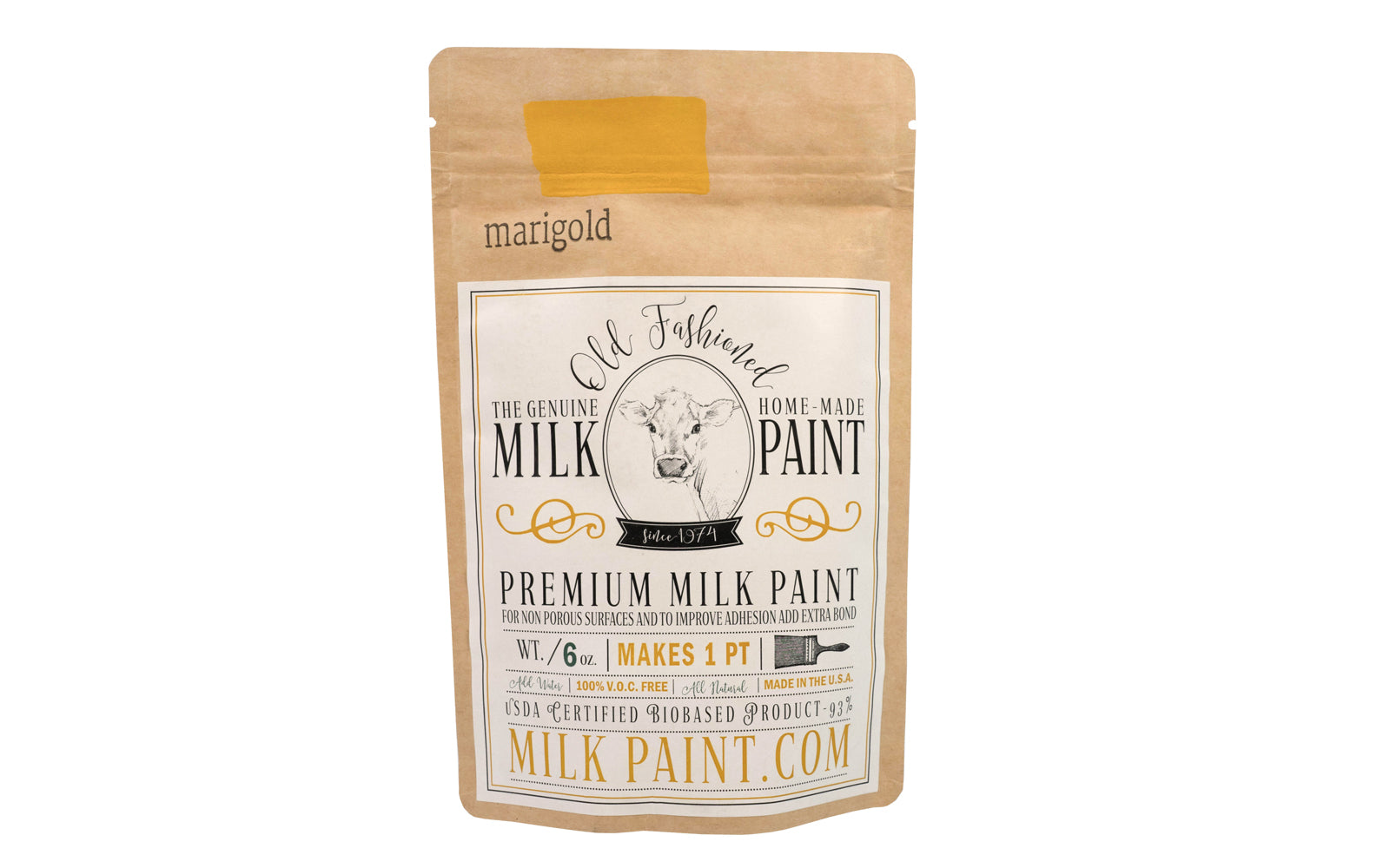 This Milk Paint color is "Marigold" color - It is a golden yellow with orange undertones. Comes in a powder form, you can control how thick/thin you mix the paint. Use it as you would regular paint, thinner for a wash/stain or thicker to create texture. Environmentally safe, non-toxic & is food safe. 100% VOC free. Powder Paint. Made in USA