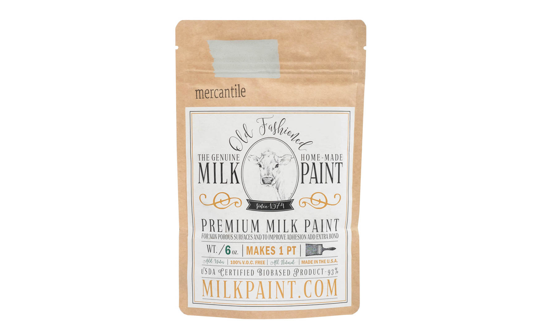 This Milk Paint color is "Mercantile" color - Light neutral gray. Comes in a powder form, you can control how thick/thin you mix the paint. Use it as you would regular paint, thinner for a wash/stain or thicker to create texture. Environmentally safe, non-toxic & is food safe. 100% VOC free. Powder Paint. Made in USA