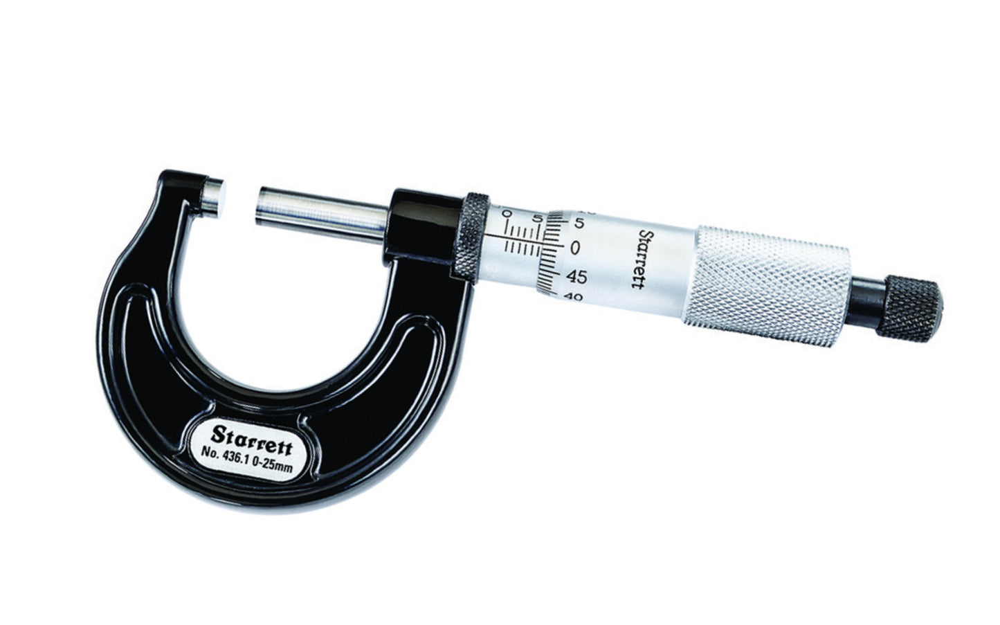 Starrett V436.1MXRL-25 Outside Metric Micrometer features ratchet stop, lock nut, and carbide face. 0.001mm Grad, Ratchet Stop, Lock Nut, Carbide Faces
