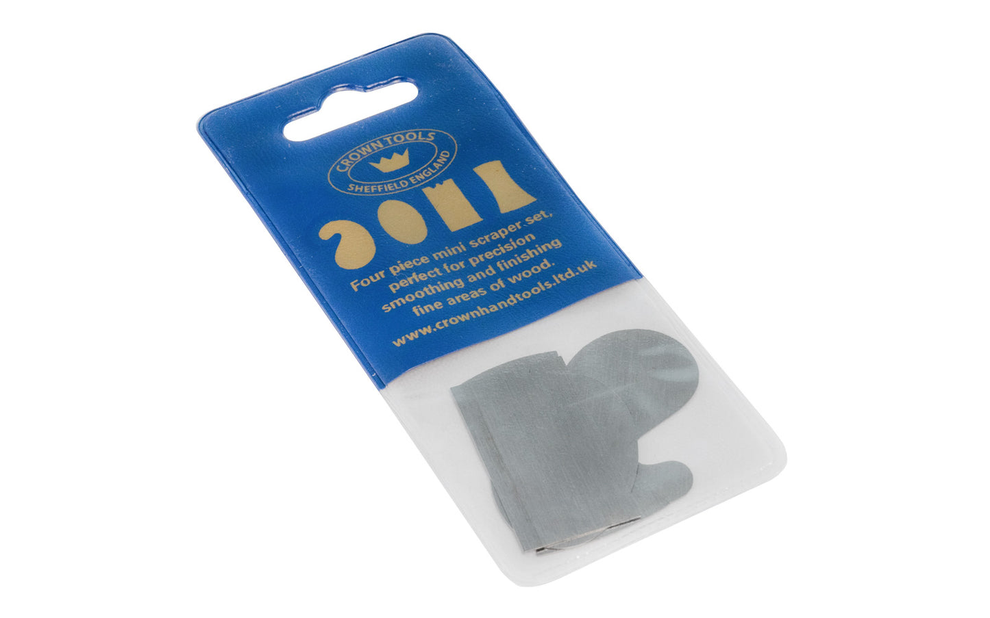 A special 4-piece mini cabinet scraper set made by Crown Tools in Sheffield, England. The scrapers creates razor-thin shavings & produces a fine smooth finish when used. Crown Tools Model 376M.