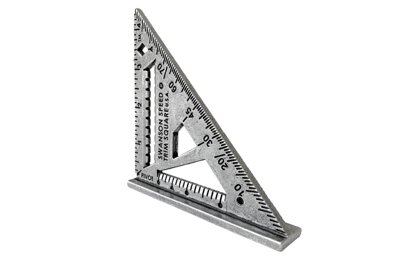 Swanson 4-1/2" Speed Trim Square. Engraved markings for easy reading. Great for cabinetry & molding. 22½°, 30°, 45° and 67½° markings easy angle finder. 3/8" Drill Guide for self-centering drill bits on 3/4" stock. Matte finish to prevent glare. Model S0145. 038987014512. Made in USA