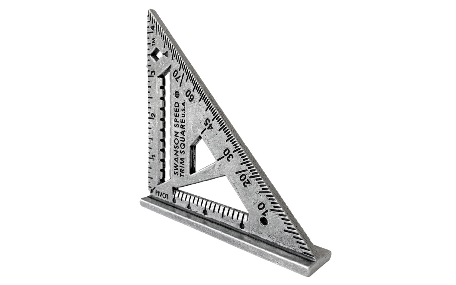 Swanson 4-1/2" Speed Trim Square. Engraved markings for easy reading. Great for cabinetry & molding. 22½°, 30°, 45° and 67½° markings easy angle finder. 3/8" Drill Guide for self-centering drill bits on 3/4" stock. Matte finish to prevent glare. Model S0145. 038987014512. Made in USA