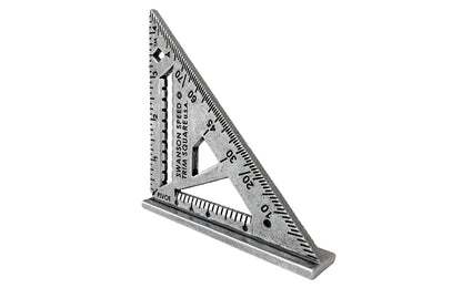 Swanson 4-1/2" Speed Trim Square. Engraved markings for easy reading. Great for cabinetry & molding. 22½°, 30°, 45° and 67½° markings easy angle finder. 3/8" Drill Guide for self-centering drill bits on 3/4" stock. Matte finish to prevent glare. Model S0145. 038987014512. Made in USA