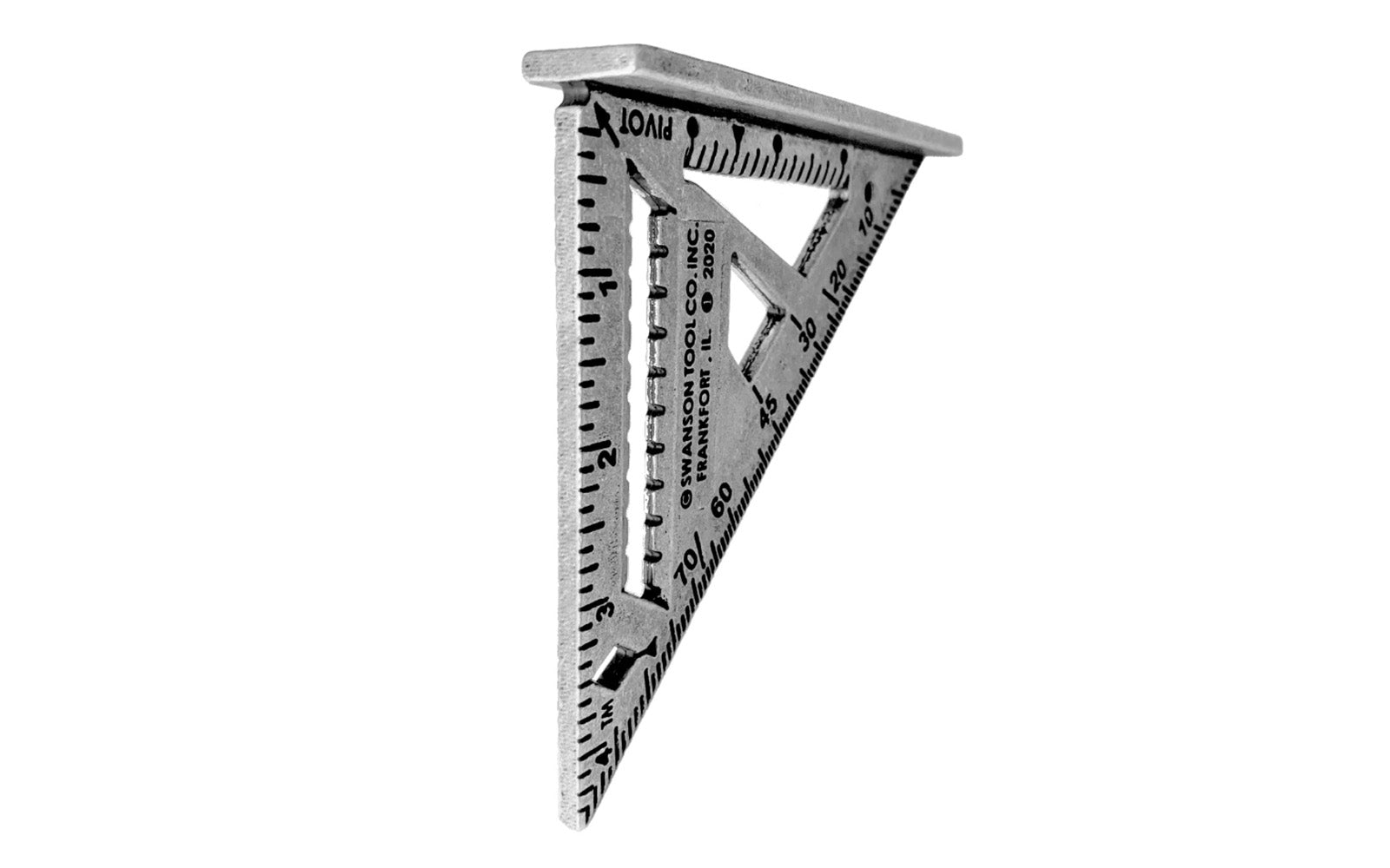 Swanson 4-1/2" Speed Trim Square. Engraved markings for easy reading. Great for cabinetry & molding. 22½°, 30°, 45° and 67½° markings easy angle finder. 3/8" Drill Guide for self-centering drill bits on 3/4" stock. Matte finish to prevent glare. Model S0145. 038987014512. Made in USA