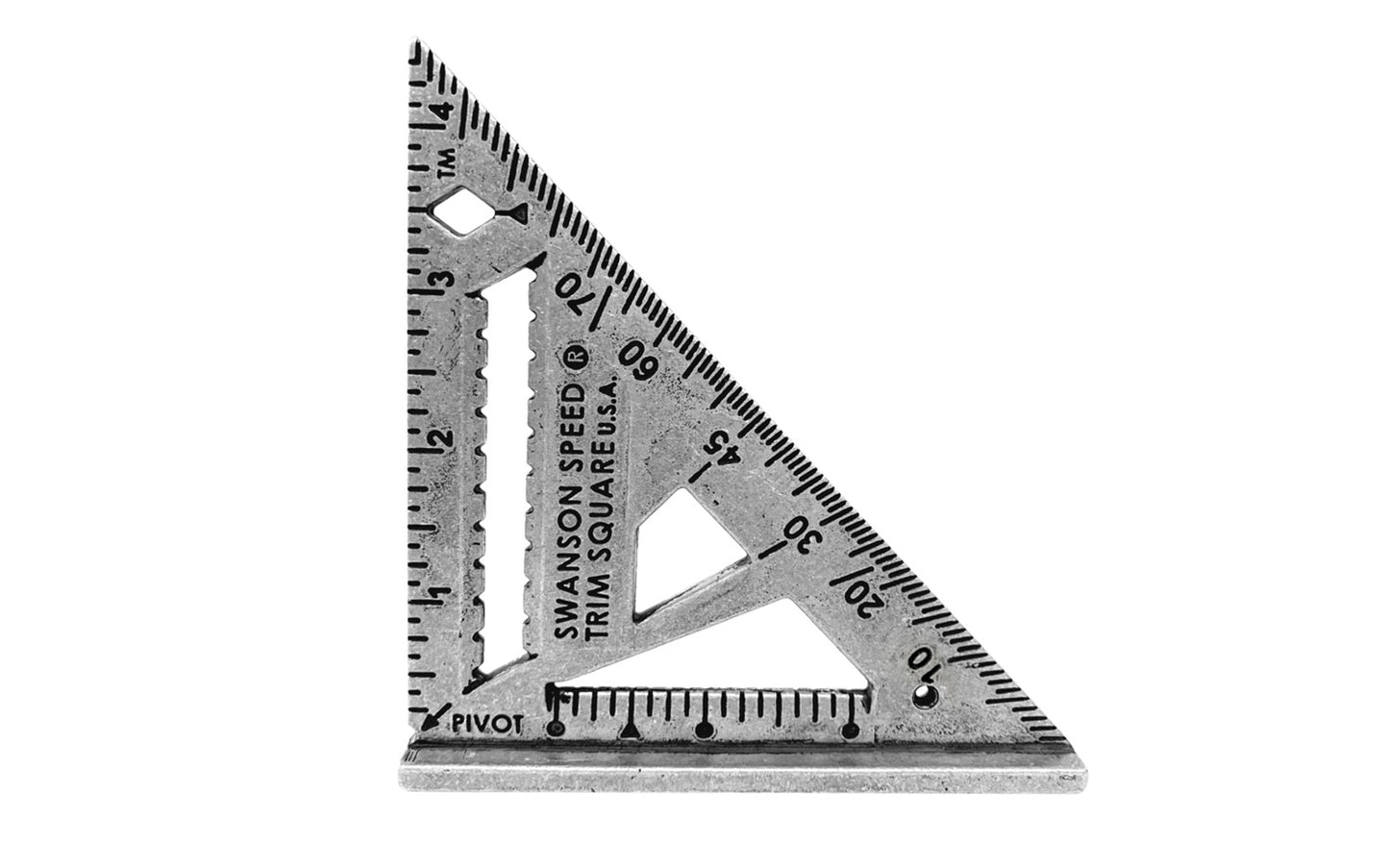Swanson 4-1/2" Speed Trim Square. Engraved markings for easy reading. Great for cabinetry & molding. 22½°, 30°, 45° and 67½° markings easy angle finder. 3/8" Drill Guide for self-centering drill bits on 3/4" stock. Matte finish to prevent glare. Model S0145. 038987014512. Made in USA
