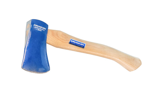 Vaughan's Mini Sportsman Hatchet is lightweight & easy to carry. Model ZS-1/2. 8 oz / 1/2 lb. small hatchet axe. Great for a small backpack, small tool box or tackle box, The head is ground smooth, with a rust-resistant blue finish. Hickory handle. 11-1/4" overall length & 2-1/4" cutting edge. 051218333015. Made in USA