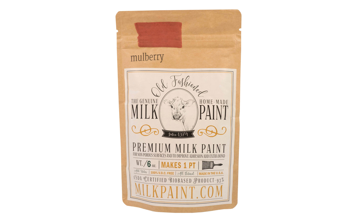 This Milk Paint color is "Mulberry" color - It is a red with rose and brown undertones. Comes in a powder form, you can control how thick/thin you mix the paint. Use it as you would regular paint, thinner for a wash/stain or thicker to create texture. Environmentally safe, non-toxic & is food safe. 100% VOC free. Powder Paint. Made in USA 