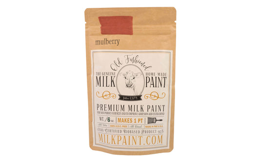 This Milk Paint color is "Mulberry" color - It is a red with rose and brown undertones. Comes in a powder form, you can control how thick/thin you mix the paint. Use it as you would regular paint, thinner for a wash/stain or thicker to create texture. Environmentally safe, non-toxic & is food safe. 100% VOC free. Powder Paint. Made in USA 