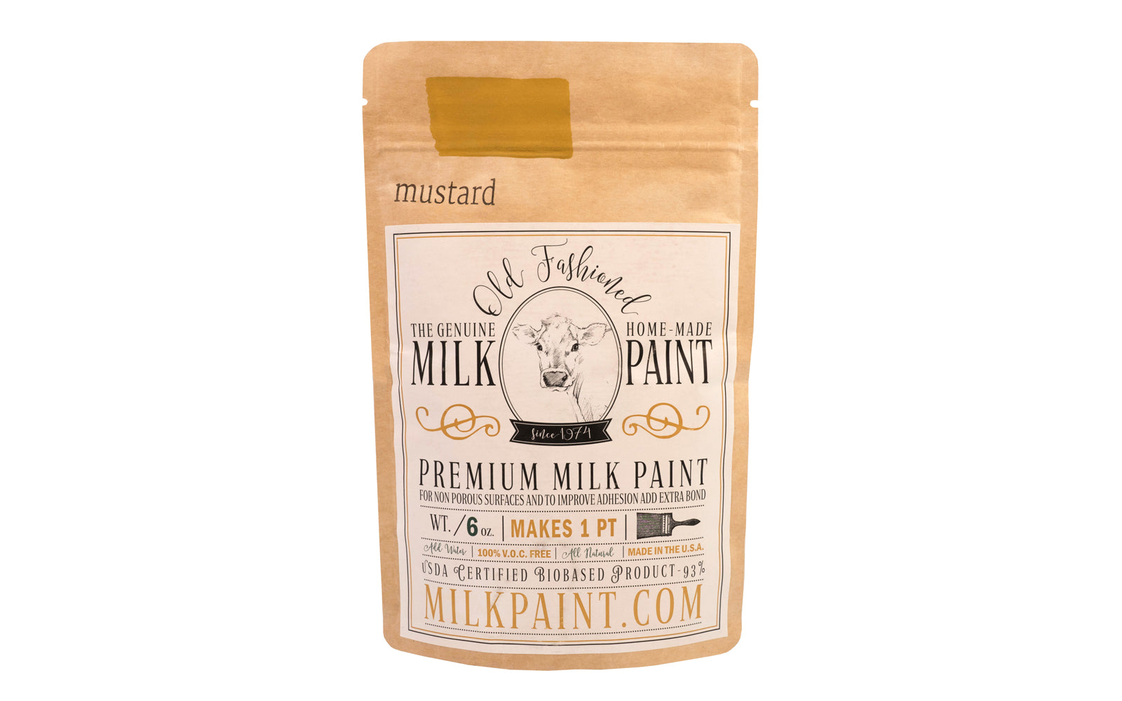 This Milk Paint color is "Mustard" color - It is a golden yellow with brown undertones. Comes in a powder form, you can control how thick/thin you mix the paint. Use it as you would regular paint, thinner for a wash/stain or thicker to create texture. Environmentally safe, non-toxic & is food safe. 100% VOC free. Powder Paint. Made in USA