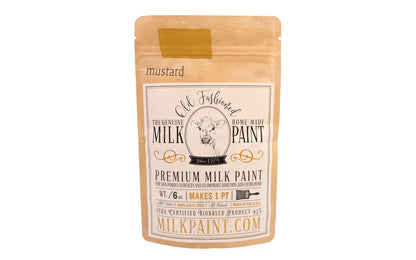 This Milk Paint color is "Mustard" color - It is a golden yellow with brown undertones. Comes in a powder form, you can control how thick/thin you mix the paint. Use it as you would regular paint, thinner for a wash/stain or thicker to create texture. Environmentally safe, non-toxic & is food safe. 100% VOC free. Powder Paint. Made in USA