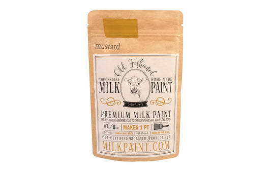 This Milk Paint color is "Mustard" color - It is a golden yellow with brown undertones. Comes in a powder form, you can control how thick/thin you mix the paint. Use it as you would regular paint, thinner for a wash/stain or thicker to create texture. Environmentally safe, non-toxic & is food safe. 100% VOC free. Powder Paint. Made in USA