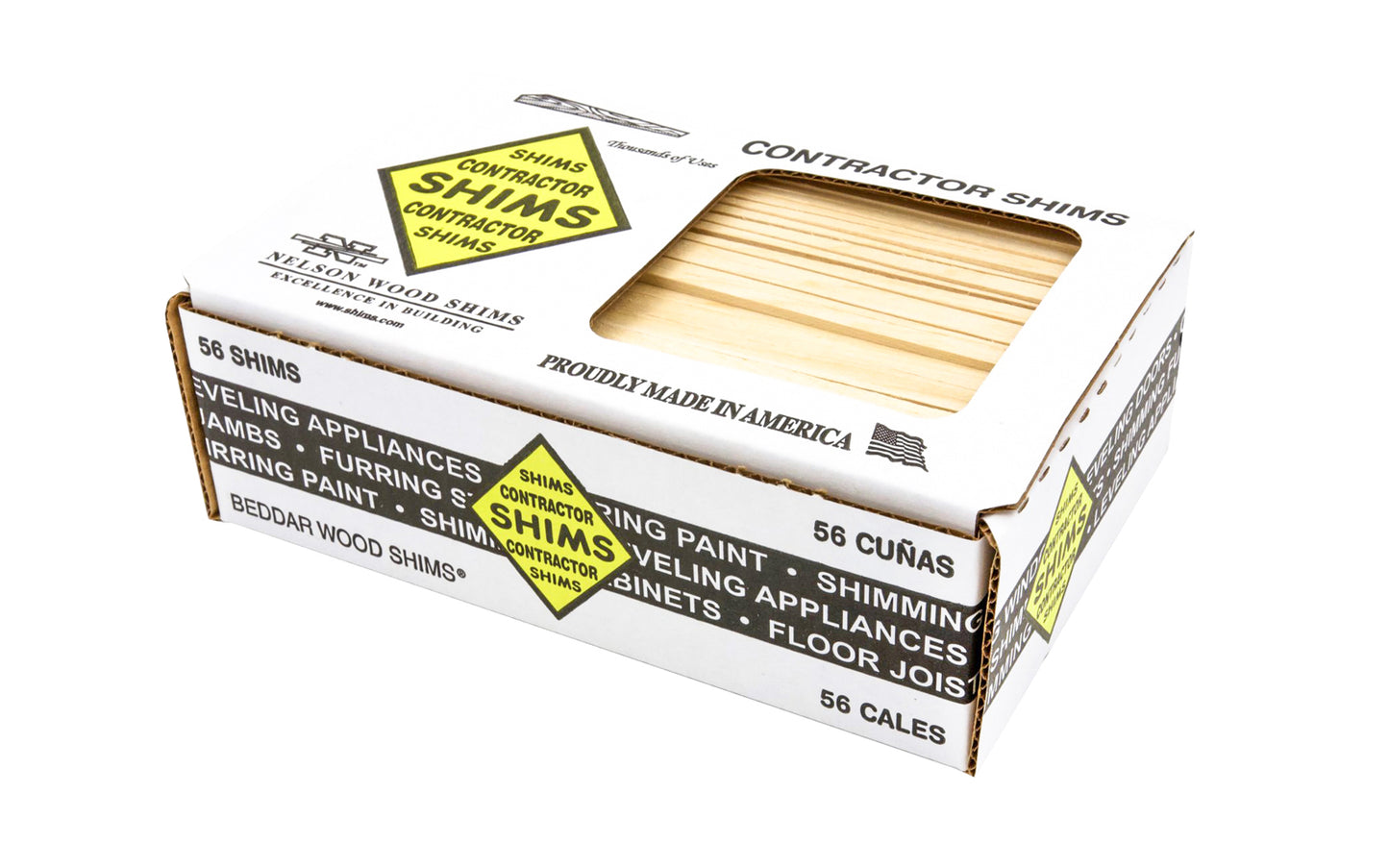 These 8" long Nelson "Beddar Wood" Shims are great for contractors. Thin, feathered tips. 8" long x 1-3/8" wide shims. Excellent for doors, windows, cabinets, countertops, leveling appliances, craft projects etc. 56 shims in box pack.     Made in USA.  091996888567