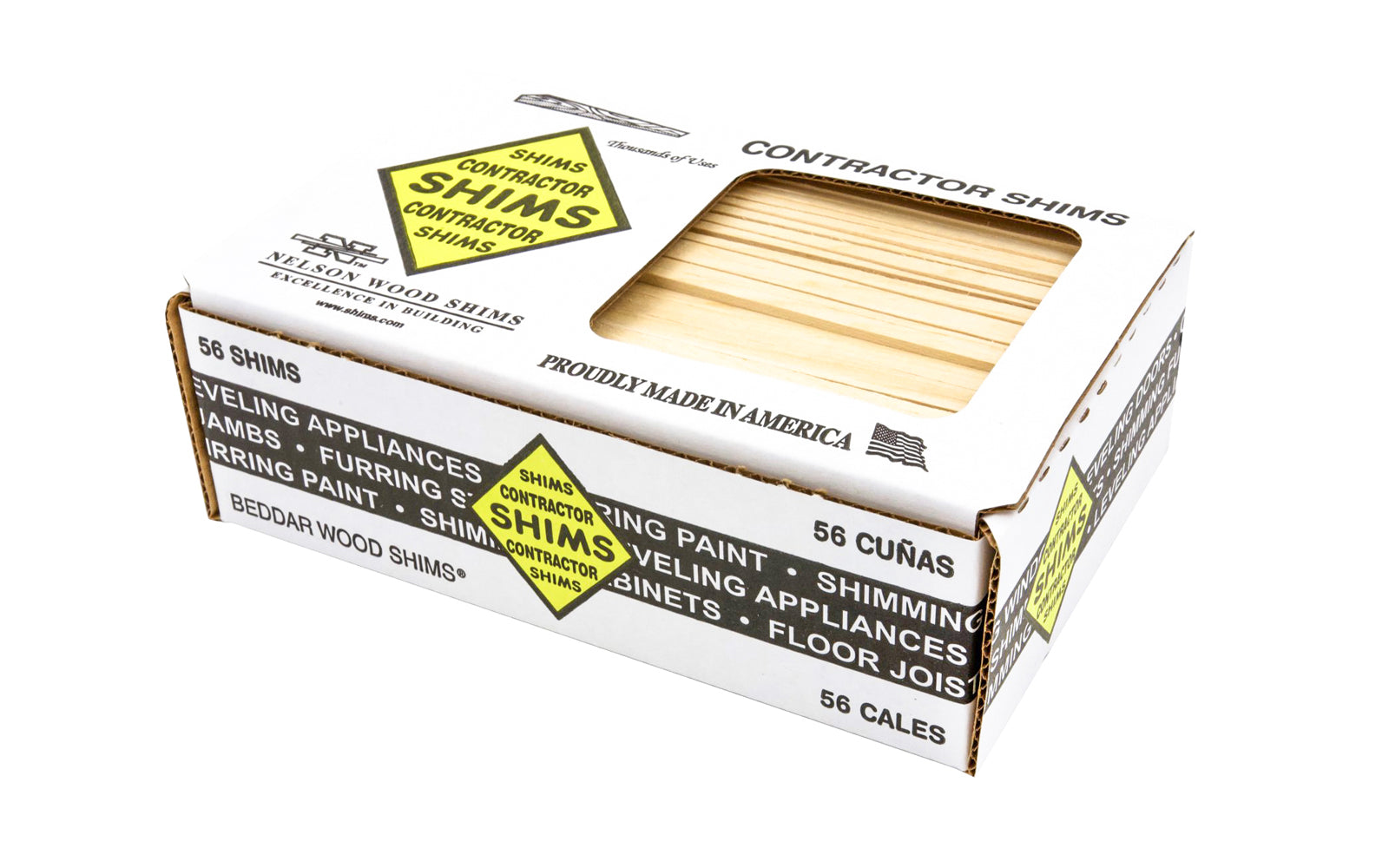 These 8" long Nelson "Beddar Wood" Shims are great for contractors. Thin, feathered tips. 8" long x 1-3/8" wide shims. Excellent for doors, windows, cabinets, countertops, leveling appliances, craft projects etc. 56 shims in box pack.     Made in USA.  091996888567