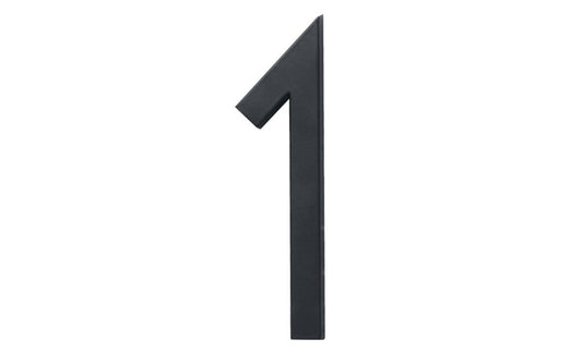 Number One House Number in a classy architectural style design. Satin black finish. 6" size house number with 1/2" material thickness. Can be installed flush mount or floating mount (elevated from wall for a shadow effect). #1 House Number. Hy-Ko Model No. FM-6/1. 029069310714
