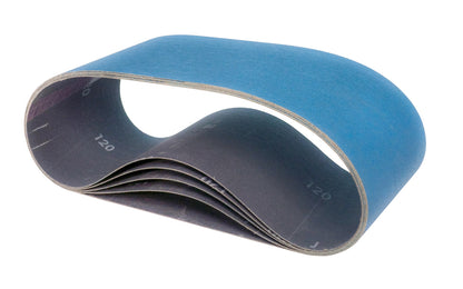 Norton "NorZon" 4" x 24" Sanding Belts - 120 Grit. These self-sharpening, zirconia aluminia abrasive is resin bonded to a heavy cloth backing for durability, rapid material removal & resistance to clogging. Belts can be run in both directions for increased sanding life. 5 Pack. Made in USA.