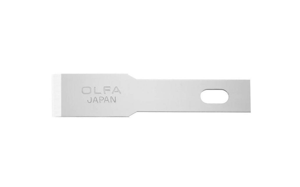Olfa KB4-F/5 Precision Chisel Art Blades are for use on trimming & deburring plastics, wood, films, narrow cuts & crosscuts. Crafted from premium Japanese tool steel, these chisel blades are tempered for strength. Designed for Olfa AK-1 knife & AK-4 knife. 5 Pack. Straight Chisel Blade. 091511500929. Made in Japan