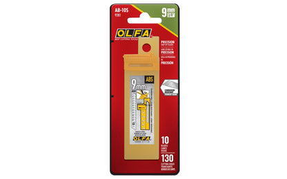 Olfa "AB-10S" 9 mm Replacement Stainless Blades - 10 Pack are manufactured from premium stainless-steel that are expertly honed for the perfect sharp edge. This combination creates a snap blade that can work in damp environments without rust or corrosion. Olfa Model AB-10S. 10 Blades. 091511500349. Made in Japan