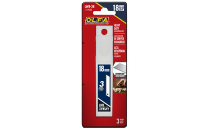 These Olfa "LWB-3B" 18 mm Replacement Serrated Blades are great for materials such as insulation, foam board, PVC pipe, siding, poly sheeting, twine & rope. 18 mm (3/4") wide blade - Heavy duty solid serrated blade. Serrated edge for porous materials. Model LWB-3B. 3 Pack. 091511230055. 3 Blades in Pack. Made in Japan