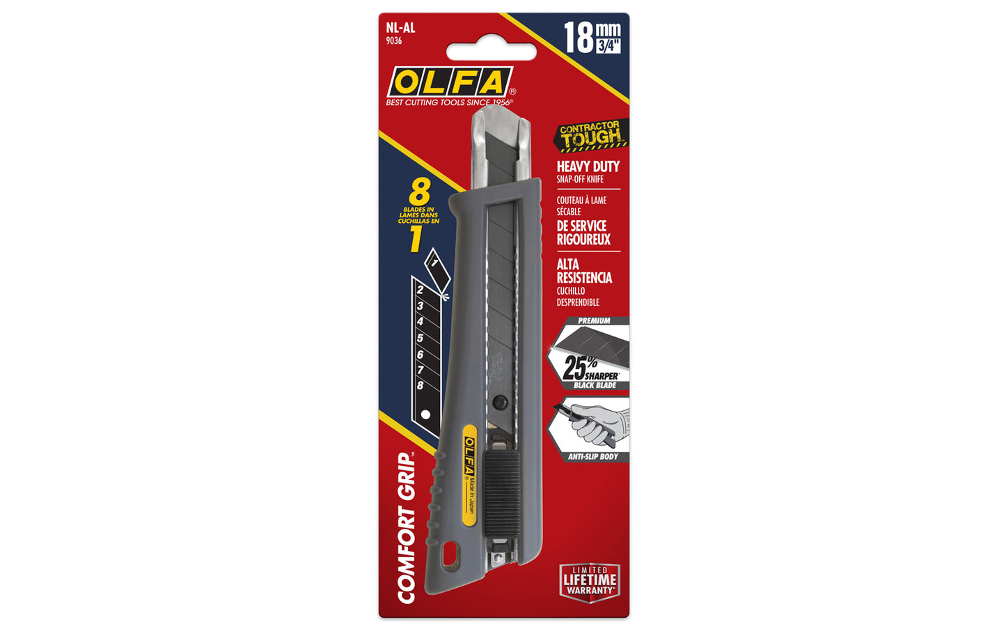 This Olfa 18 mm blade "NL-AL" Rubber-Grip Auto-Lock Utility Knife is part of the Comfort Grip Series that features an anti-slip handle with an ergonomic feel all-day comfort. The cushioned rubber grip delivers maximum control & stability. Tool-free blade change. 091511600278. Olfa Model NL-AL. Made in Japan