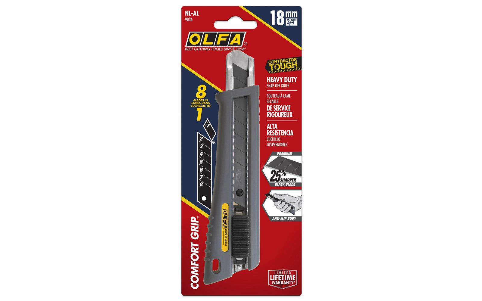 This Olfa 18 mm blade "NL-AL" Rubber-Grip Auto-Lock Utility Knife is part of the Comfort Grip Series that features an anti-slip handle with an ergonomic feel all-day comfort. The cushioned rubber grip delivers maximum control & stability. Tool-free blade change. 091511600278. Olfa Model NL-AL. Made in Japan