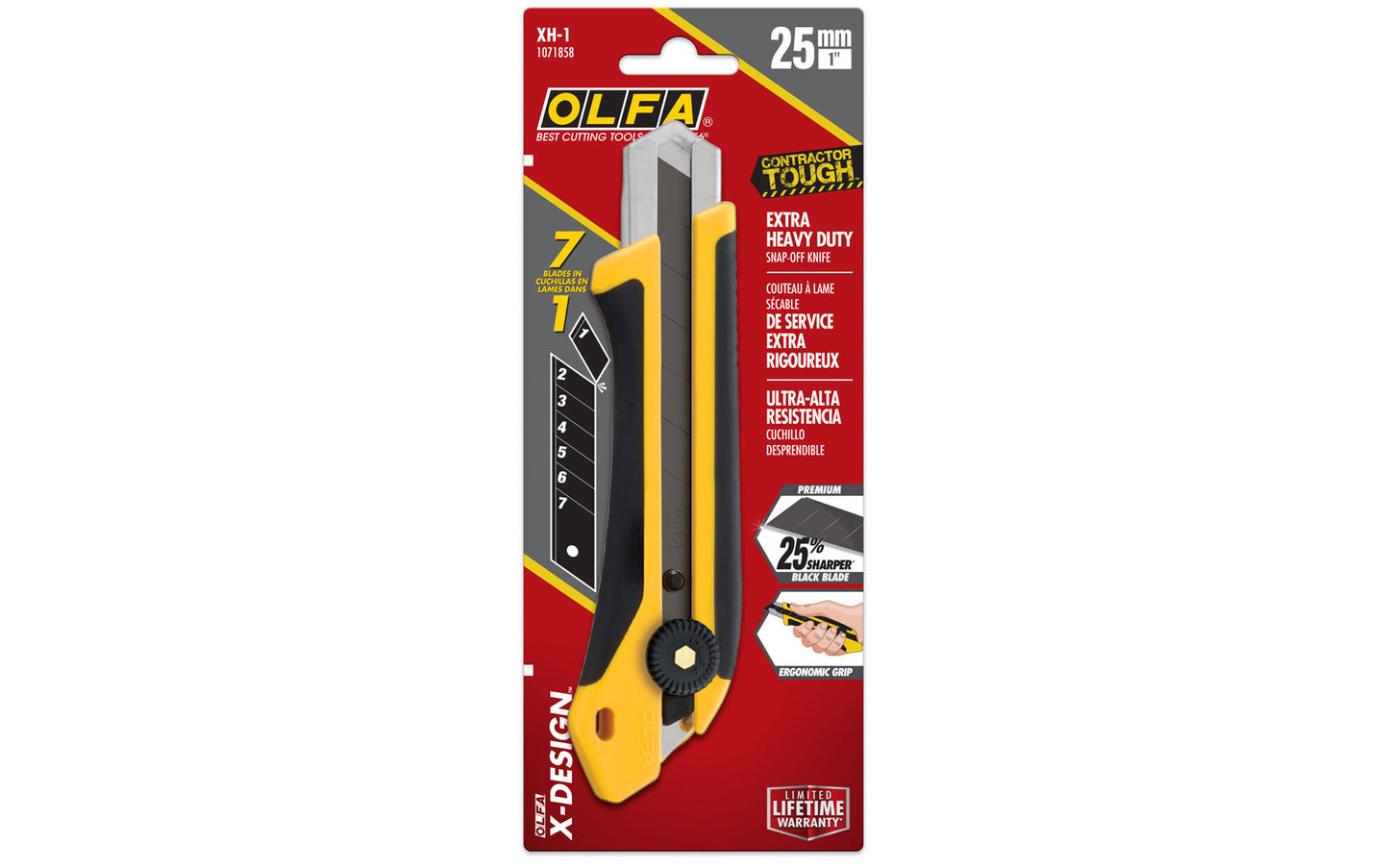 Olfa "XH-1" Utility Knife 25 mm Blade is an Extra Heavy Duty snap-off knife. Stainless blade channel. Includes Olfa's ultra-sharp black blade - Premium carbon tool steel black HBB blade - 25% sharper than LB silver blade. 091511600858. 25 mm (1") wide blade. Fiberglass & rubber handle. Olfa Model XH-1. Made in Japan