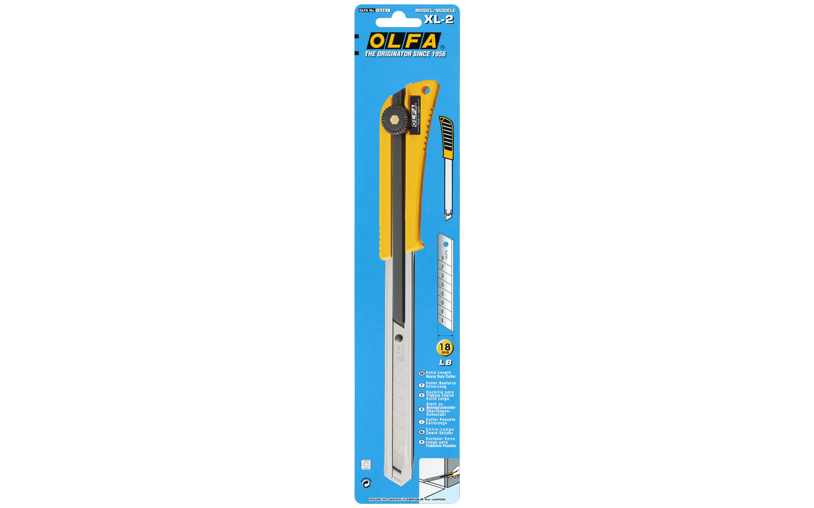 Olfa "XL-2" Extra Long Utility Knife - 18 mm Blade is great when you need a knife for hard-to-reach areas. This knife sports an additional 6-1/4" length of blade channel. Tool-free blade change. 091511200331. Extended Reach Knife Olfa Model XL-2. 18 mm (3/4") wide blade - Heavy Duty snap-off knife. Made in Japan