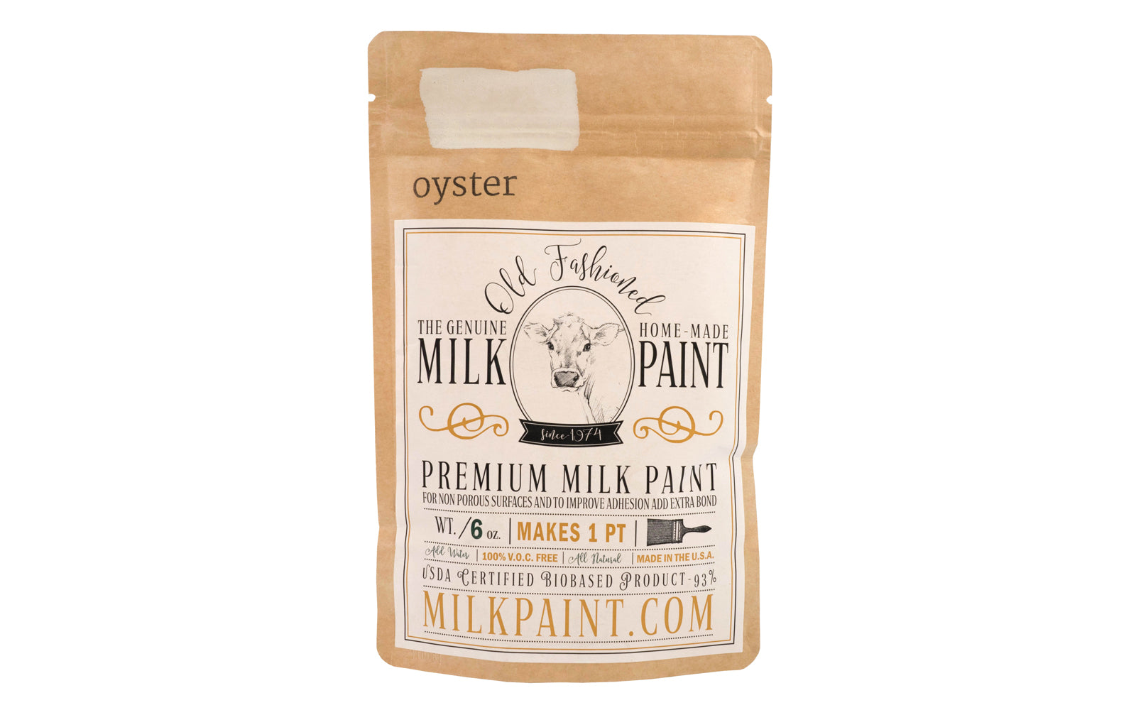 This Milk Paint color is "Oyster" color - Oyster white with gray undertone color. Comes in a powder form, you can control how thick/thin you mix the paint. Use it as you would regular paint, thinner for a wash/stain or thicker to create texture. Environmentally safe, non-toxic & is food safe. 100% VOC free. Powder Paint. Made in USA