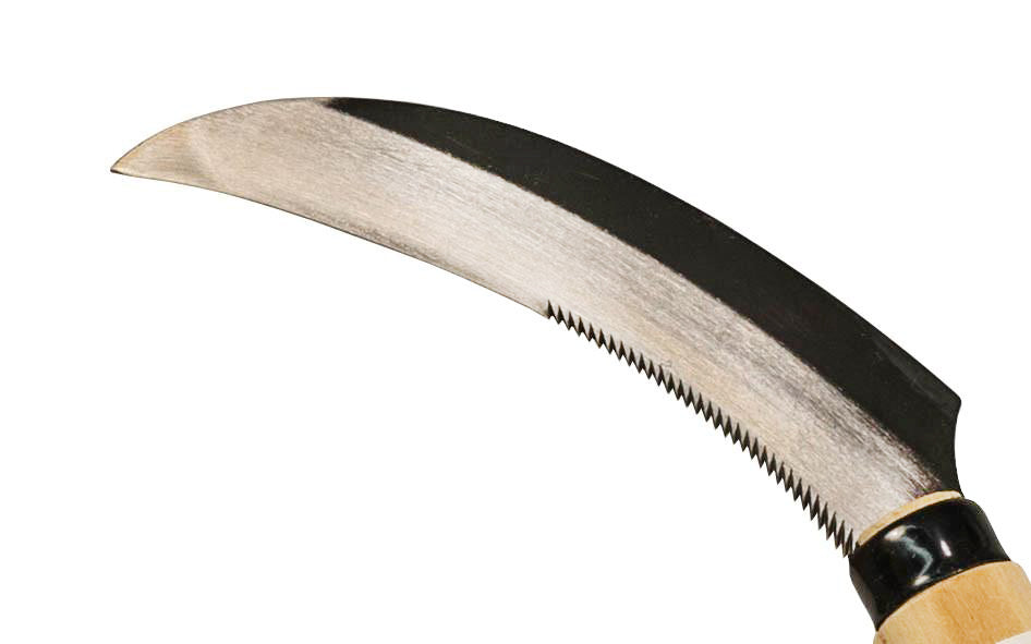 Traditional Japanese Turf & Sod Sickle-Saw is great for outdoor landscaping needs. Made of high carbon steel, the blade of this weeder is very sharp with sharp teeth & the blade is slightly curved for aggressive cutting. Saw cuts tough weeds, sod & turf, roots, & grasses with ease. Noko Gama hand sickle. Made in Japan