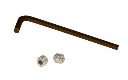 Pair of Set Screws & Hex Key for Doorknobs. The set screws work with traditional-style doorknobs that take threaded spindles. The thread size of the set screw is 28 TPI x 1/4" diameter size, which is a common thread size for holes on old-style doorknobs. Polished Nickel Finish.